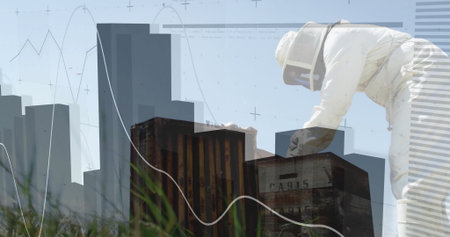 Leaning beekeeper in suit inspecting hives on grass, with skyline and graph overlays, copy space....