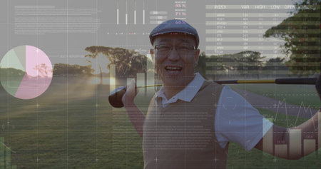 Standing golfer wearing flat cap and vest holding golf club on fairway. Professional, corporate, minimalist, business, finance, analytics, outdoorの写真素材