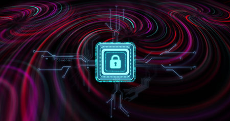 Showing glowing cyan padlock icon spinning in abstract tech environment, neon circuit lines....