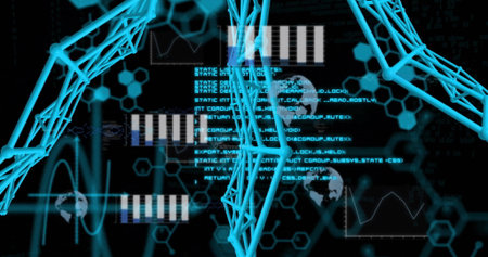 Displaying interface showing cyan wireframe helices in virtual field with code and hex patterns....