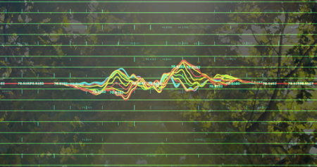 Data visualization displaying waveform curves and green grid lines in woods, with numeric labels. Infographic, analytics, technology, abstract, natural, environmental, geometricの写真素材