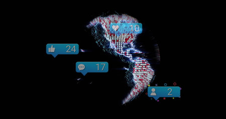Displaying pixelated globe on dark data dashboard, with floating social media notification badges. Futuristic, technology, data visualization, digitalinterface, network, connectivity, cyberspaceの写真素材