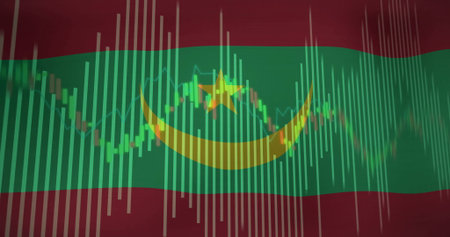 Displaying Mauritania flag with transparent candlestick bars on plain canvas, overlaying line graph. Patriotism, finance, analytics, data visualization, digital art, corporate, growthの写真素材