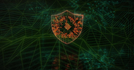 Floating orange shield icon glowing within neon-green wireframe mesh, with microchip circuitry....