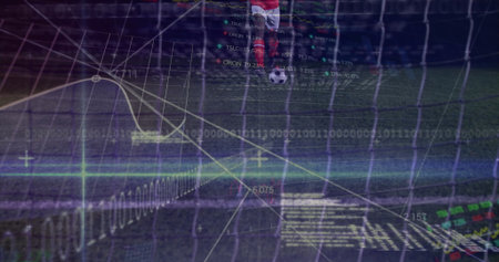 Kicking soccer player in red jersey driving ball toward goal net on pitch, with data overlays. Athlete, sports, analytics, visualization, performance, digital, fitnessの写真素材
