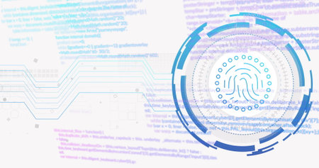 Displaying fingerprint scan graphic on cybersecurity dashboard, with circuit tracings and code....