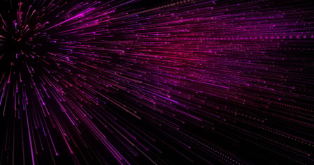 Radiating diagonally pink and purple light streaks and dotted particle trails across digital void. Neon, abstract, futuristic, digital, cyber, vibrant, energeticの写真素材