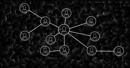 Illustrating central hub icon connecting peripheral user nodes on dark wave-textured background. Technology, connectivity, digital, networking, innovation, abstract, dataの写真素材