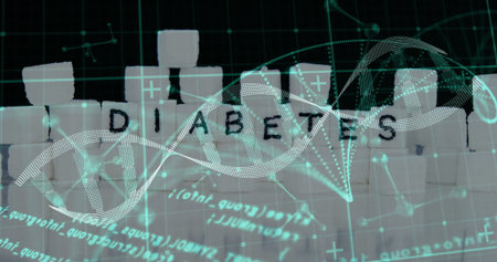 Showing sugar cubes spelling DIABETES stacking at research interface, with double helix overlay. Medical, research, biotechnology, science, molecular, genetic, innovationの写真素材