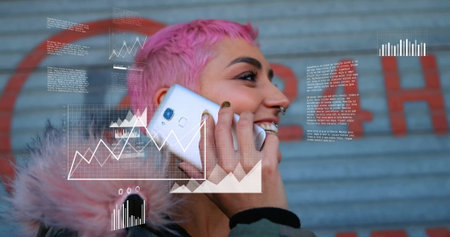 Holding smartphone to ear pink-haired woman wearing fur jacket at metal wall, overlays, copy space. Vibrant, futuristic, data, urban, casual, expressive, innovativeの写真素材