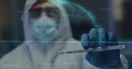 Holding blue-gloved hand gripping specimen tube in lab, streaming holographic waveforms and data. Medical, laboratory, analysis, technology, science, research, diagnosticsの写真素材
