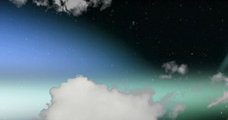 Showing twilight sky merging blue-green horizon into expanse, with fluffy clouds and distant stars. Celestial, atmospheric, tranquil, celestialscape, dusk, nightfall, dreamyの写真素材