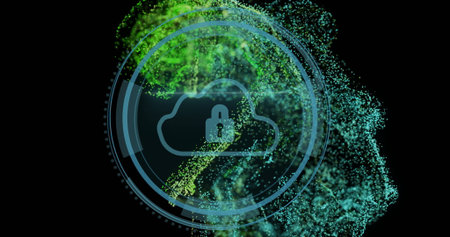 Animating cloud icon with padlock within concentric circles in void, emitting green teal particles. Cybersecurity, data protection, digital security, technology, abstract, futuristic, encryptionの写真素材