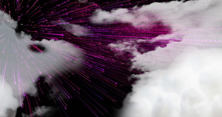 Radiating magenta purple streaks and dot trails racing diagonally in digital sky, with gray clouds....