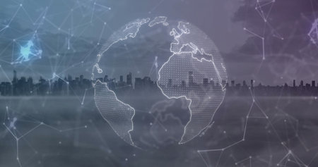 Floating digital globe showing dotted continents at foggy harbor skyline, with network lines nodes. Futuristic, technology, innovation, digital, connectivity, urban, cyberの写真素材