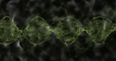 Twisting neon-green fractal lattice undulating across digital space, with white dot matrix grid. Futuristic, abstract, data, visualization, cyberspace, technology, motionの写真素材