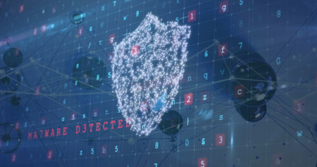 Displaying digital shield hovering in cyber network with nodes, alphanumeric code, red warning text. Cybersecurity, data protection, digital interface, high-tech, network security, abstract technology, futuristicの写真素材