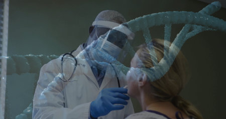 Doctor wearing white coat administering nasal swab to patient in exam room, with DNA helix graphic....