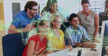 Team of six reviewing content on large monitor in office, in business casual attire. Collaboration, innovation, technology, teamwork, digital, modern, productivityの写真素材