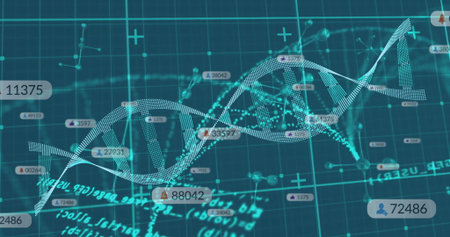 Showing cyan DNA helix graphic on data display, with grid network plus symbols, labels and formulas. Futuristic, technology, data, science, visualization, network, digitalの写真素材