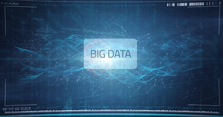 Translucent panel displaying BIG DATA in UI showing wave mesh with nodes and HUD bars. Technology,...