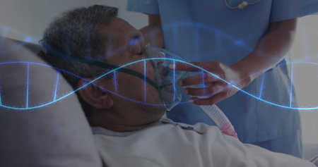 Nurse in blue scrubs adjusting oxygen mask on senior patient in hospital room, with DNA helix....