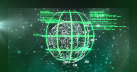 Floating neon green wireframe globe showing network nodes and code snippets in dark virtual space. Digital, innovation, futuristic, technology, cyberspace, connectivity, blockchainの写真素材