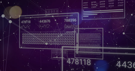 Displaying data panels with keyboard schematic, numeric overlays and code blocks in cyberspace. Futuristic, technology, visualization, abstract, digital, interface, connectivityの写真素材