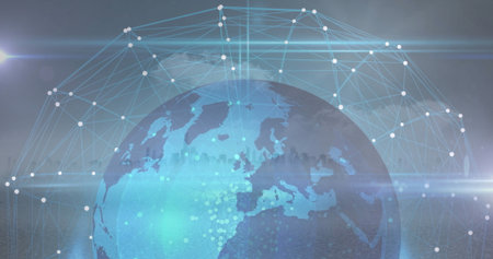 Displaying digital Earth globe showing glowing nodes and links forming network on blue backdrop. Futuristic, technology, connectivity, innovation, global, abstract, sci-fiの写真素材