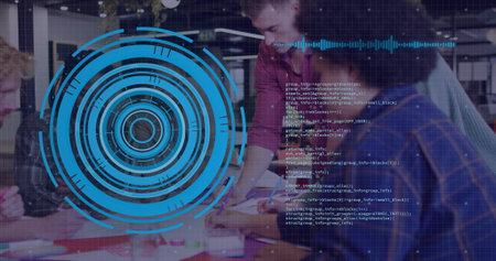 Pointing office professionals analyzing documents, markers at conference table, showing HUD overlay. Collaboration, teamwork, technology, data analysis, innovation, presentation, digital interfaceの写真素材