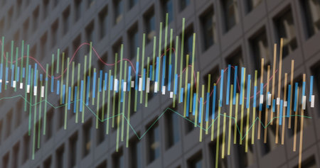 Displaying financial chart on office facade with blurred windows, candlestick bars and line graphs....
