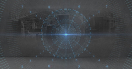 Projecting HUD overlay over foggy skyline with concentric grid radial lines and blue flare....