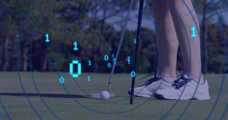Golfer's feet aiming putter at golf ball on putting green radar graphics binary digits, copy space. Sports, technology, analytics, precision, outdoor, competition, innovationの写真素材