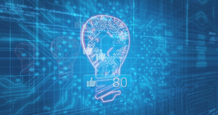 Showing glowing light bulb icon and faint outline on circuit board grid with thumbs-up count 80. Technology, innovation, digital, connectivity, futuristic, electronic, dataの写真素材