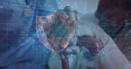 Supporting daughter placing hand over senior woman gripping cane at home, with holographic shield. Senior care, digital security, protection, guardian, intergenerational, wellness, connectivityの写真素材