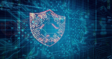 Glowing pink digital shield icon floating over network with circuit traces, streaming binary digits....