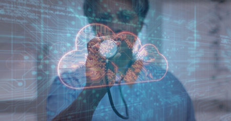 Doctor examining holographic cloud interface using stethoscope in tech clinic, with data streams....