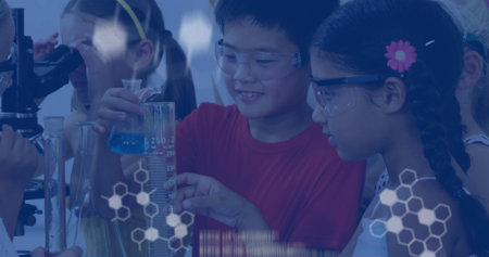 Mixing solution goggle-wearing children conducting experiment in school lab with graduated cylinder....