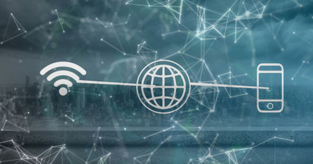 Displaying Wi-Fi symbol, globe icon and smartphone linking over city skyline, network nodes overlay. Technology, telecommunications, digital, modern, connectivity, urban, networkの写真素材