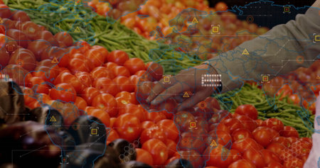 Hand wearing gray shirt picking red tomatoes from crates in market with green beans and eggplants. Fresh produce, farm-to-table, market, organic, healthy lifestyle, rustic, colorfulの写真素材