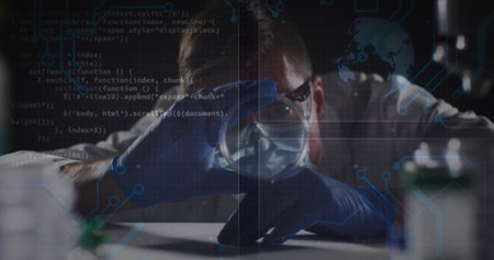 Examining researcher wearing lab coat and gloves analyzing flask at lab bench, with code overlays. Science, innovation, technology, experimentation, precision, data, developmentの写真素材