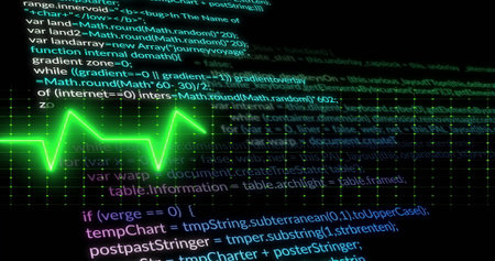 Pulsing neon green ECG-style waveform dominating coding interface, with code text and grid overlay....