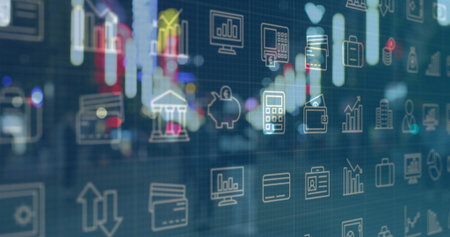 Displaying finance and banking icons floating over blurry city street at night with neon lights. Finance, banking, digital, technology, urban, modern, securityの写真素材