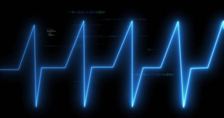 Displaying neon-blue ECG waveform running horizontally across digital monitor interface, heartbeat. Futuristic, digital, technology, health, medical, minimalist, luminousの写真素材