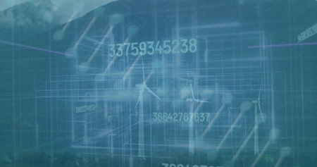 Displaying wind turbines across mountain valley, with blueprint grid and floating numeric strings. Technology, renewable, sustainability, visualization, futuristic, environmental, engineeringの写真素材