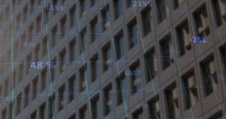 Displaying high-rise windows with overlaid blue grid and floating data points at urban exterior. Skyscraper, urban, technology, analytics, data visualization, modern, architectureの写真素材
