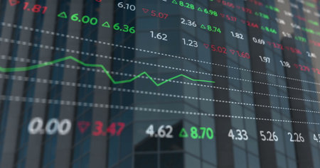 Displaying chart tracking stock changes over glass facade, with green trend line and numeric data. Finance, technology, skyscraper, data visualization, corporate, analytics, innovationの写真素材