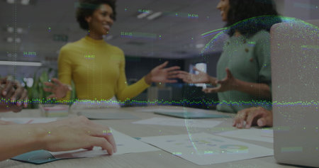 Collaborating team of five analyzing reports and laptop around conference table, with data graphics. Teamwork, strategy, innovation, analytics, business, professional, technologyの写真素材