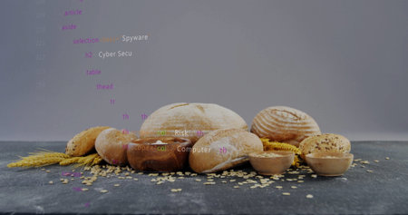 Showing artisanal breads, buns, oats, wheat stalks on dark studio tabletop, with code text overlay. Artisan, bakery, rustic, organic, nutrition, craft, culinaryの写真素材