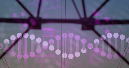 Displaying DNA helix glowing with nodes and code above transmission tower at dusk, molecular data....